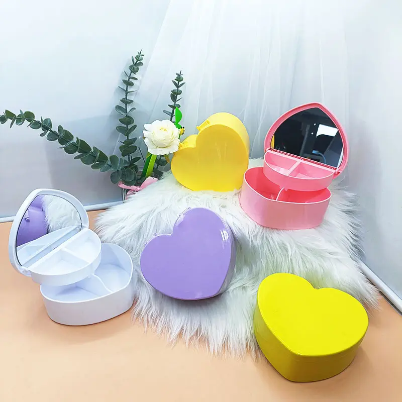 Organisateur de bijoux en plastique accessoire de couvre-chef pinces à cheveux mallette de rangement de voyage boîte à bijoux en forme de coeur avec miroir pour femmes filles