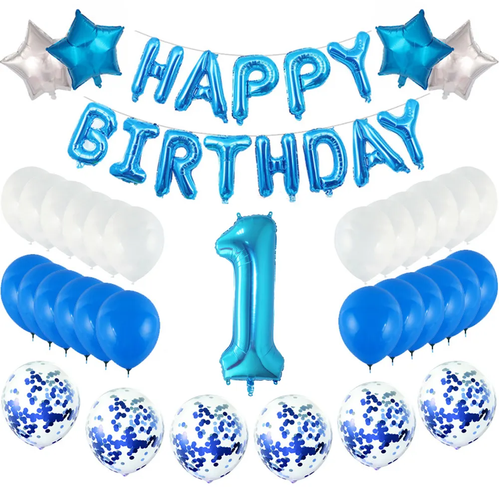 Garçon fournitures de fête d'anniversaire joyeux anniversaire coeur étoile ballon confetti bleu latex ballon enfants anniversaire décoration kits