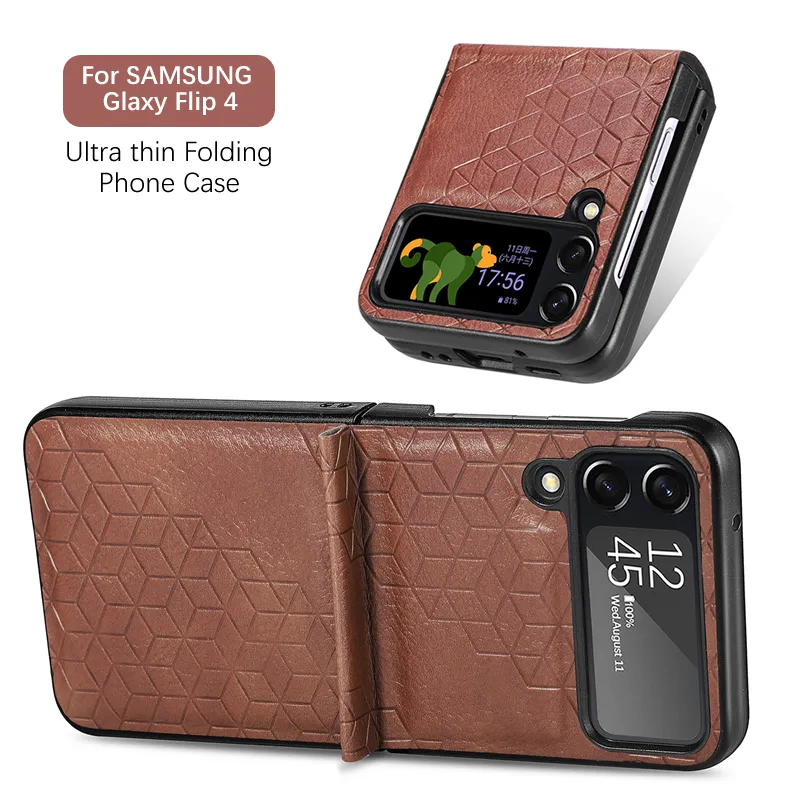 Coque de luxe mince en cuir PU brun 2022 Cube pour Samsung Galaxy Z Flip 4