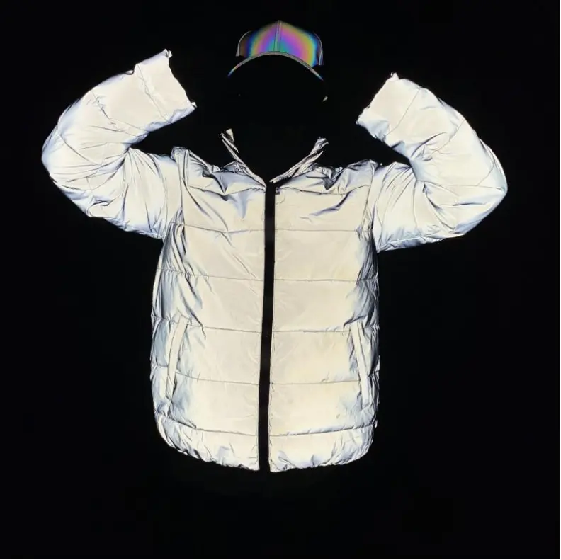 women men unisex waterproof thin cotton down padded filled puffer high visibility reflective polyester winter bomber jacket coat