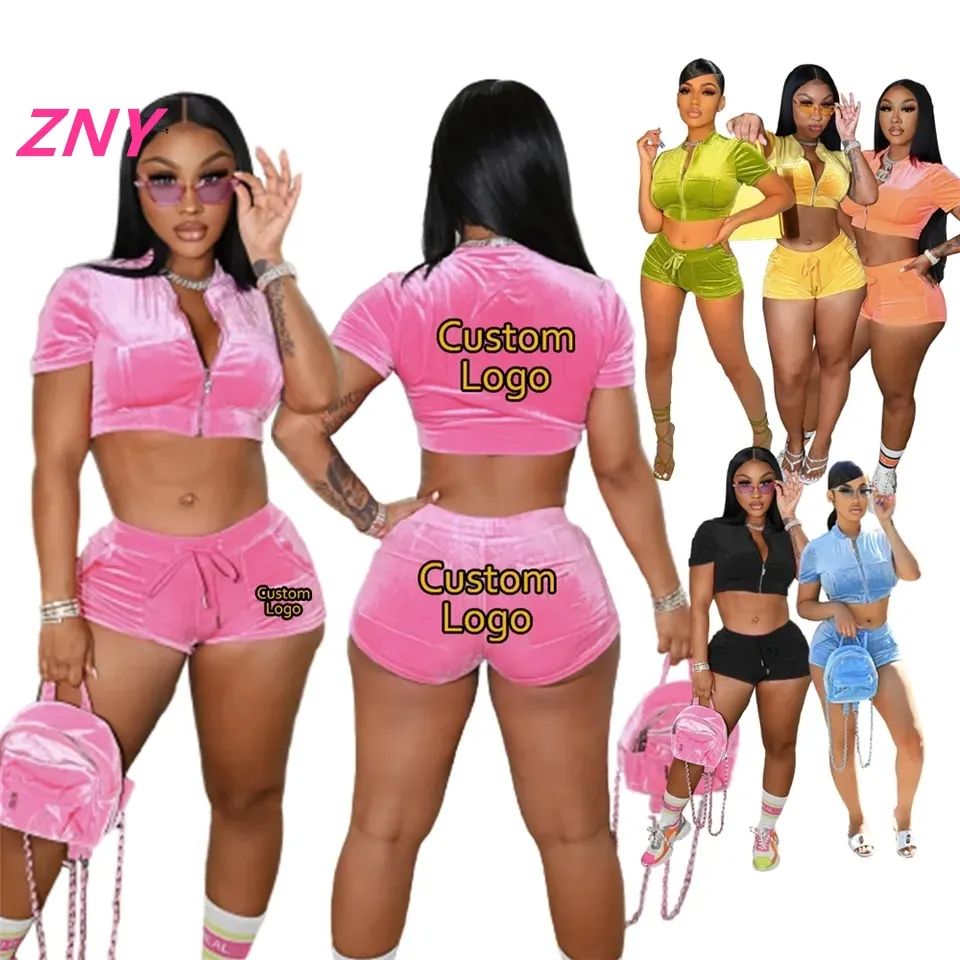 2024 Custom Rhinestone Logo Tracksuit Short Sleeve With Zip Jacket Shorts Sets Velvet Fabric Summer Outfit Women's Two Piece Set