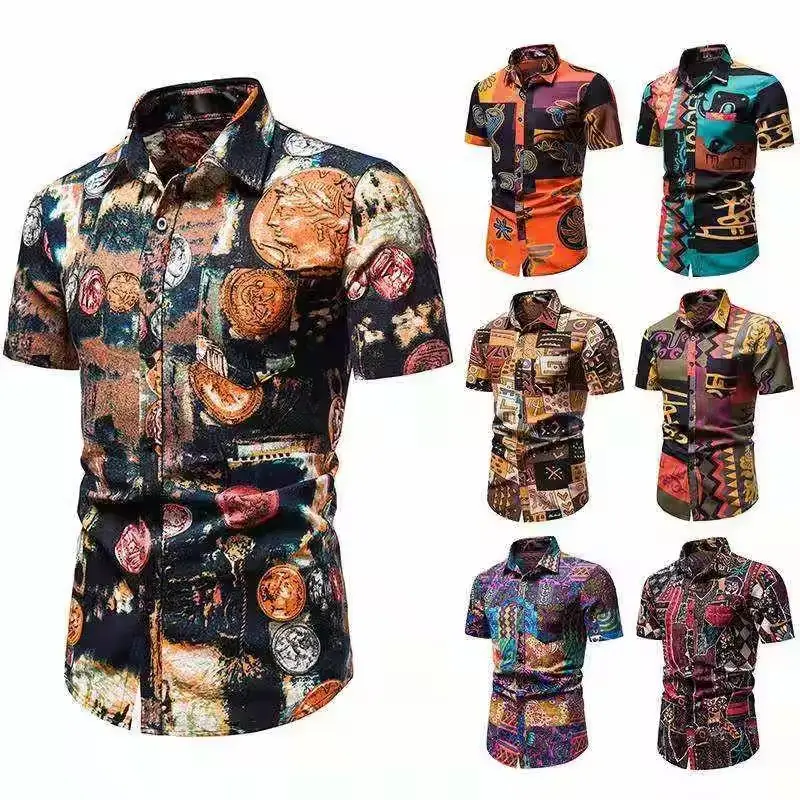 قمصان رجالي بأشكال عرقية جذابة بنمط كلاسيكي مقاس كبير قمصان مطبوعة بأكمام قصيرة نمط هاواي قمصان مطبوعة ثلاثية الأبعاد للرجال