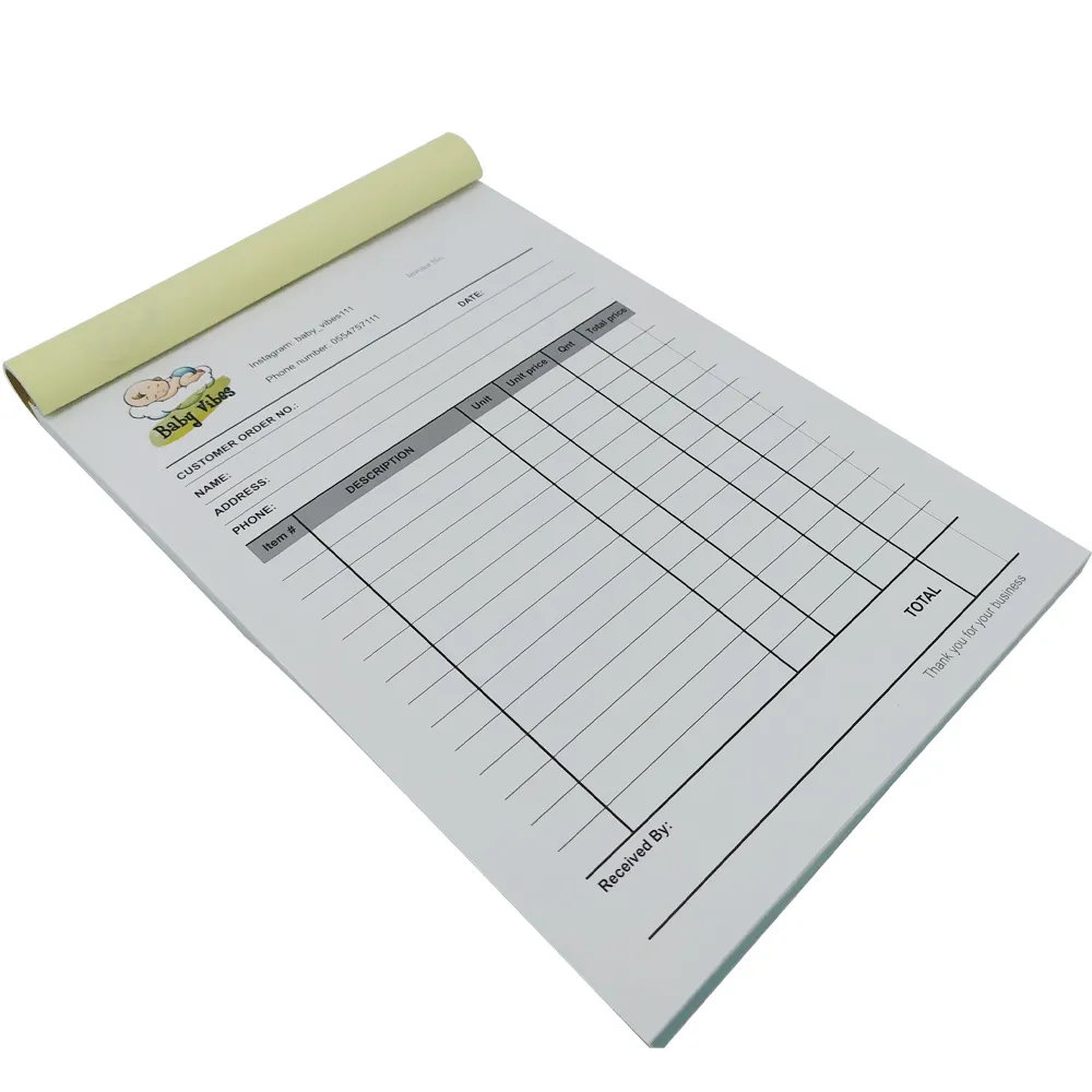Libro di ricevute personalizzato stampa su carta NCR per banconote senza Carbonless in 2 parti/3 parti