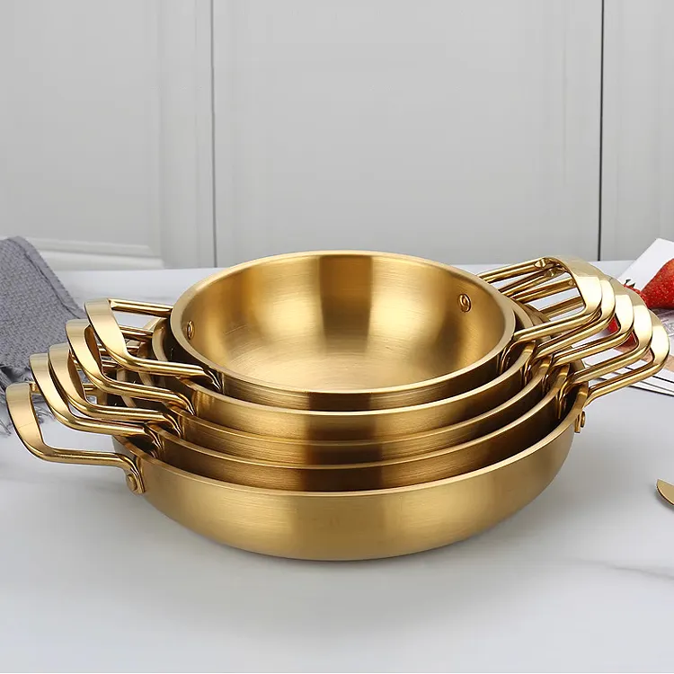 Seadfood Paella tavalar altın pişirme yapışmaz paslanmaz çelik çift kulak kore kolu pot kızartma tavası