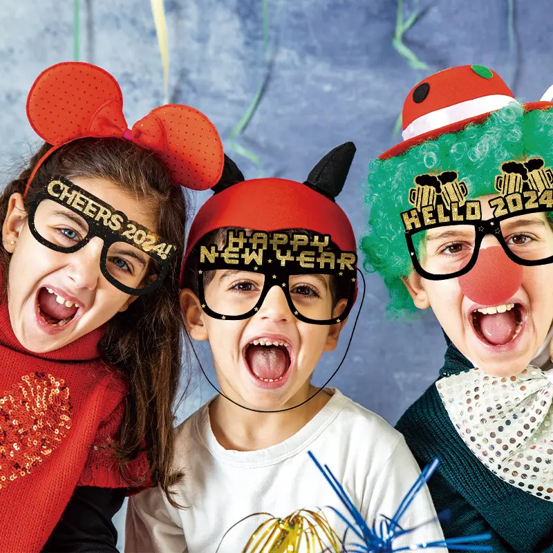 2024 accesorios de decoración de fiesta de año nuevo accesorios de fotografía para niños decoración de papel Marco de gafas 3D