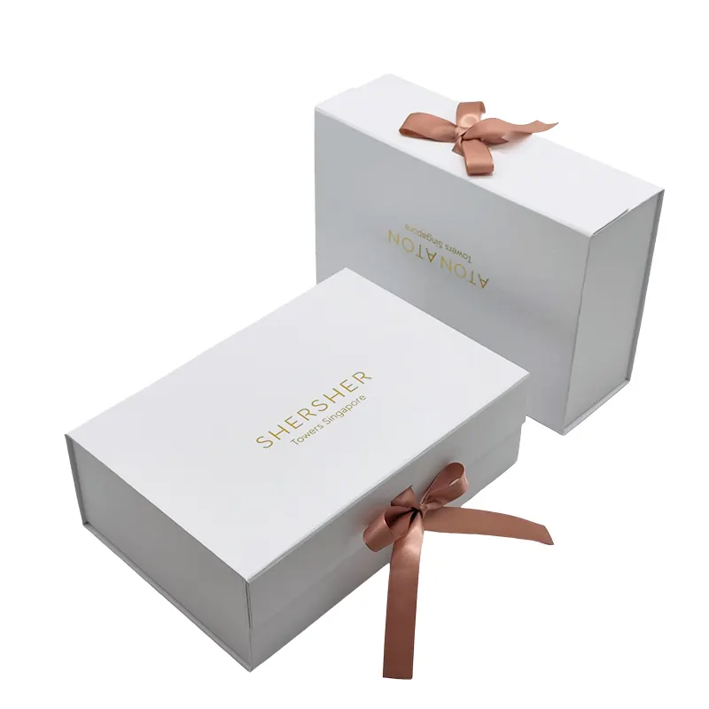 Custom white flip magnetic jewelry clothing hat luxury gift closure folding boxes packaging with silk ribbon bow
