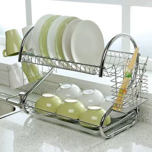 <strong>S</strong>-Shape Double-Layer <strong>Dish</strong> <strong>Rack</strong> Metal Kitchen Storage <strong>Rack</strong> with Drainage for Dinnerware and Tableware Storage