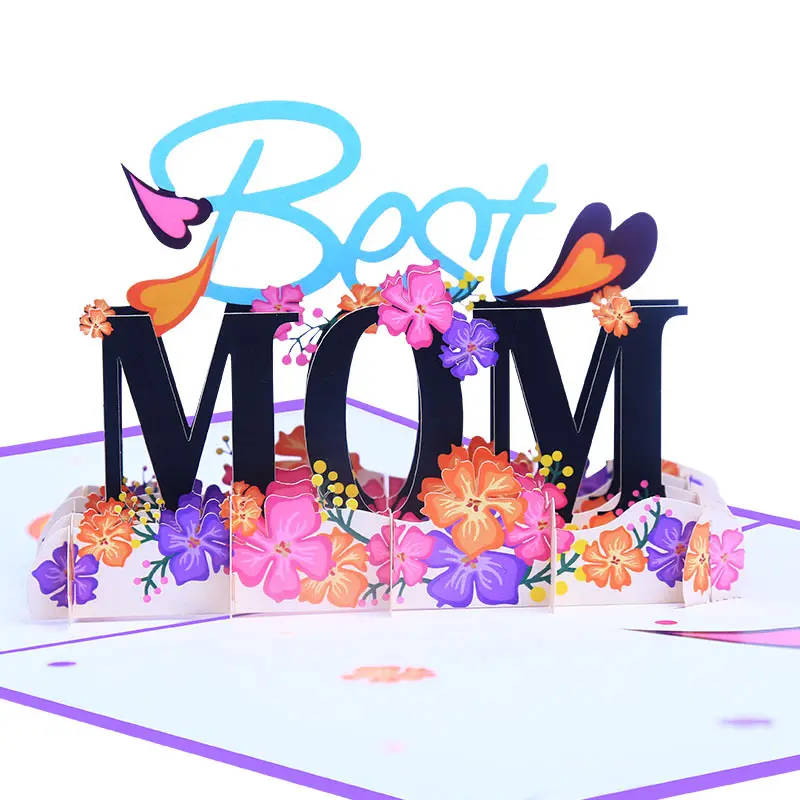 Melhor mãe 3d pop up cartão de saudação, para o dia da mãe, presente com impressão colorida, gravura a laser e display 3d