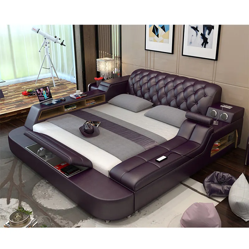 Modern Bruin Slaapkamer Meubilair Lederen Bed Met Speaker Usb Lader Massage Sofa Bed Sets