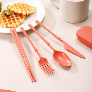 现代便携式餐具套装5件套塑料PP哑光麦草水果勺叉筷子 - Product Image 4
