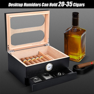 Cigar <strong>Humidor</strong> with Front Hygrometer, Humidifier and Accessory Drawers-Tempered Glass Top Cigar <strong>Humidor</strong> Box - Spanish Cedar - Product Image 5