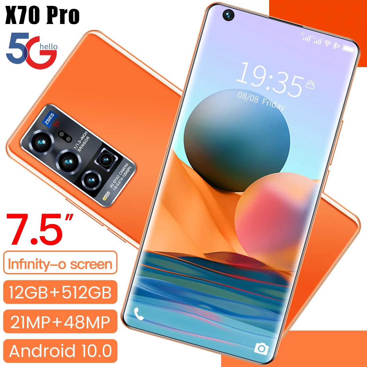 X70 Pro Celulares MTK655 12GB+512GB Smartphone 7.5 polegadas android10.0