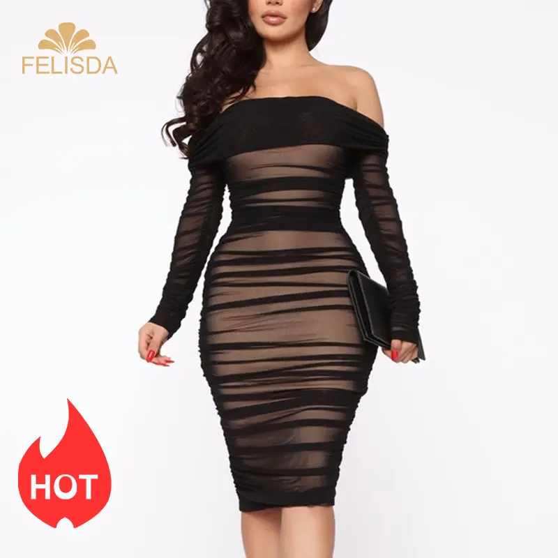 Vestido de fiesta de malla fruncido con hombros descubiertos, elegante, ajustado, corto