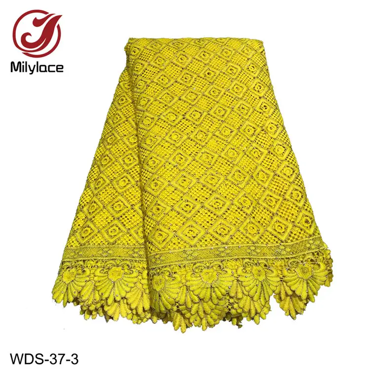 Amarillo drogado bordado tela de encaje guipur