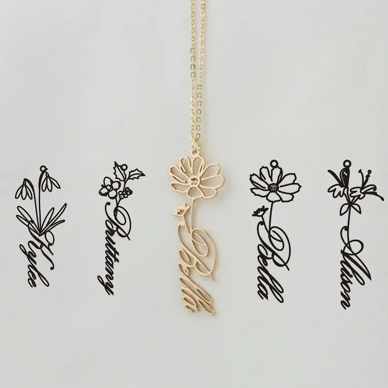 Collier personnalisé en acier inoxydable, Style écriture manuelle, avec fleur, nom personnalisé, bijou pour naissance, cadeau