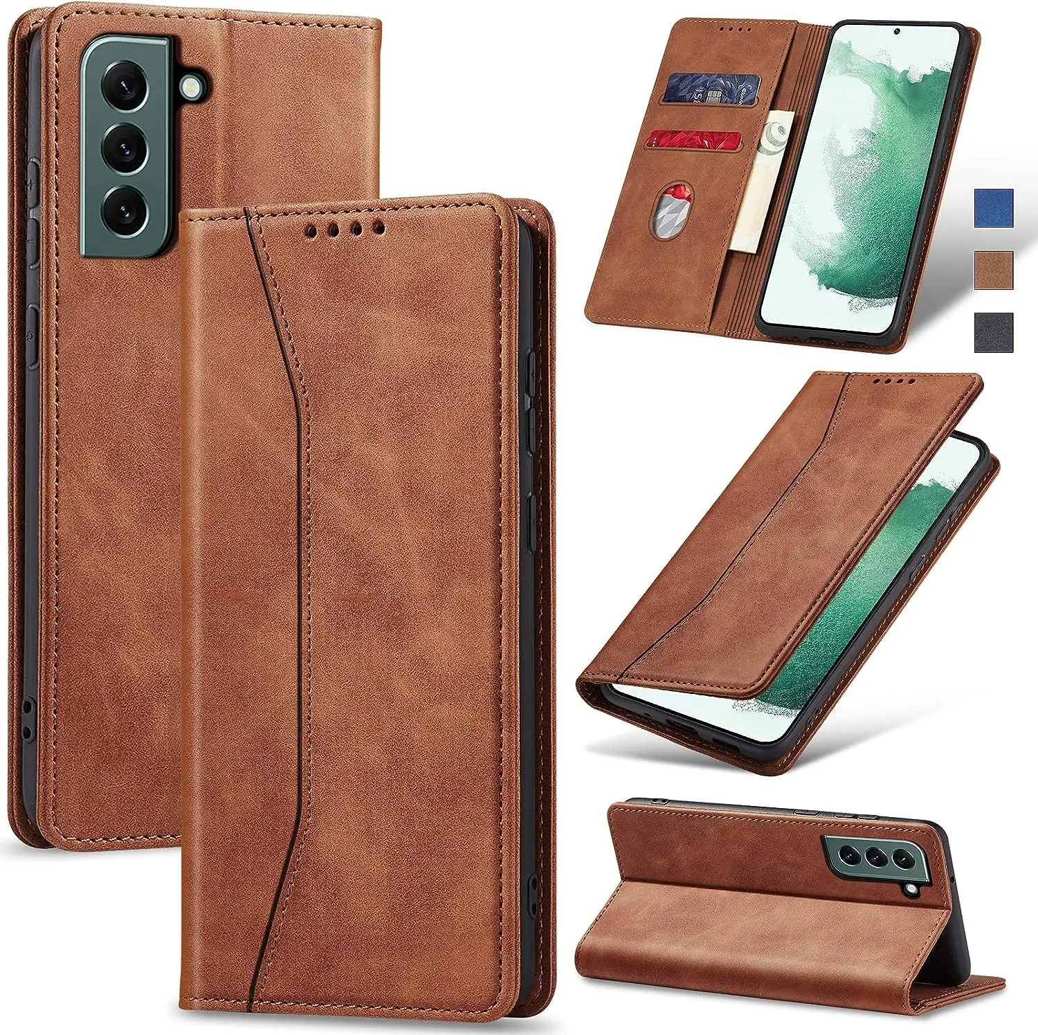 Case telepon seluler dompet kulit pria wanita, untuk Samsung Galaxy S24 S23 Plus Ultra 5G Kickstand perlindungan penutup belakang