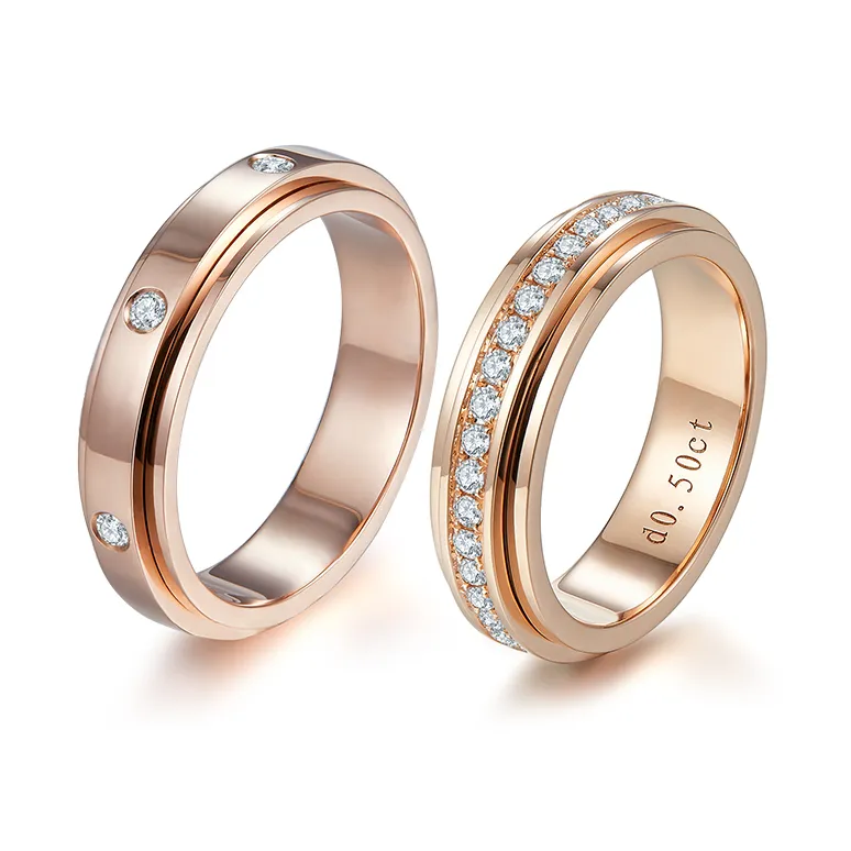 H & F AU750 dernières conceptions de bague de couple en or avec bague de mariage rotative en diamant naturel or 18k Couple Pawnable personnalisé 14K 9K