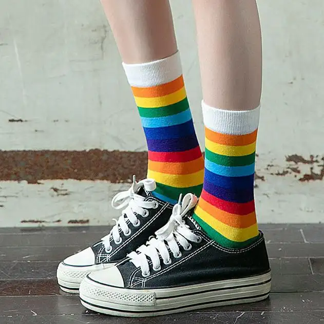 Meias de elasticidade para homens e mulheres, meias longas listradas de algodão, cores pastéis, arco-íris, retrô