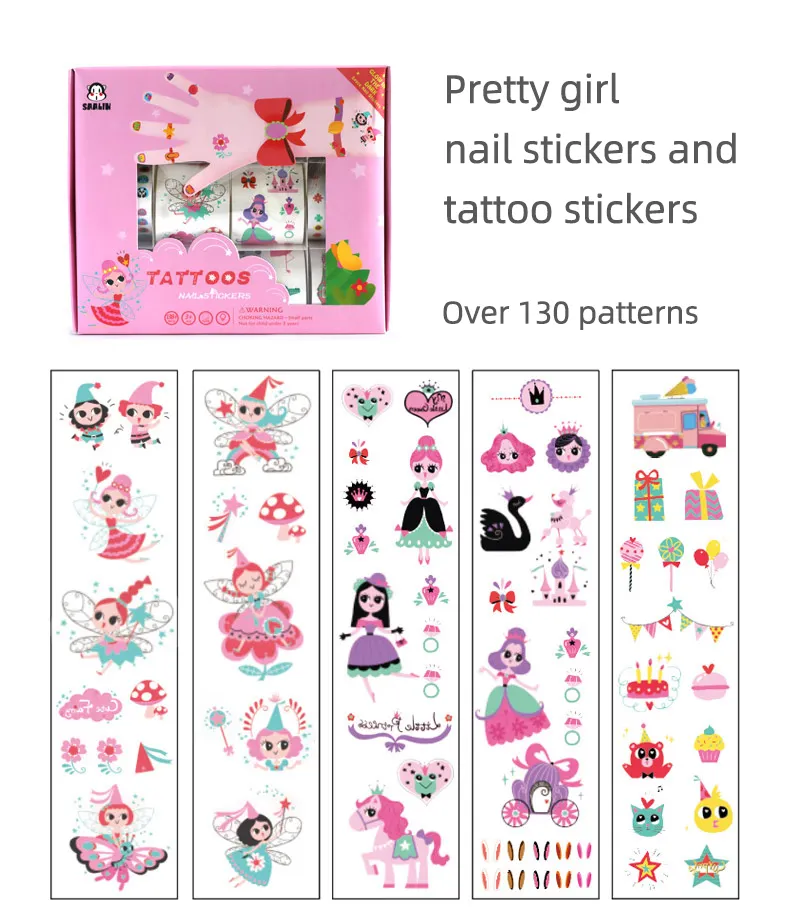 Autocollants de tatouage pour garçons et filles, étiquettes pour ongles, jolie princesse, étanches, 1 pièce