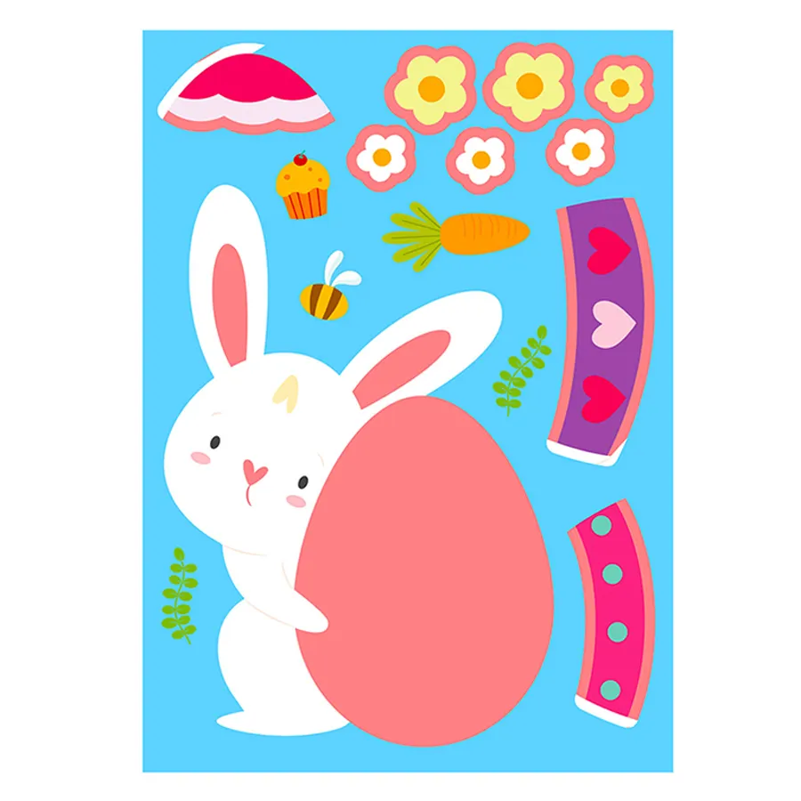 Suministros de Arte de Pascua para niños, juego de 6 piezas de pegatinas de rompecabezas de conejito rosa para decoraciones de huevos de cambio de cara DIY