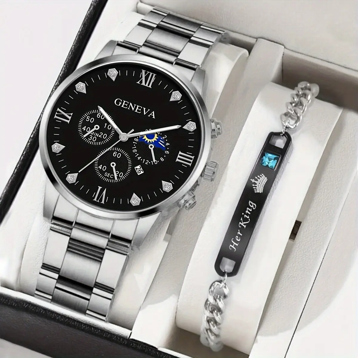 6203 Luxo Roma Diamante Relógio Data 2pcs Set Aço Inoxidável Prata Relógios Homens Com Pulseira Corrente