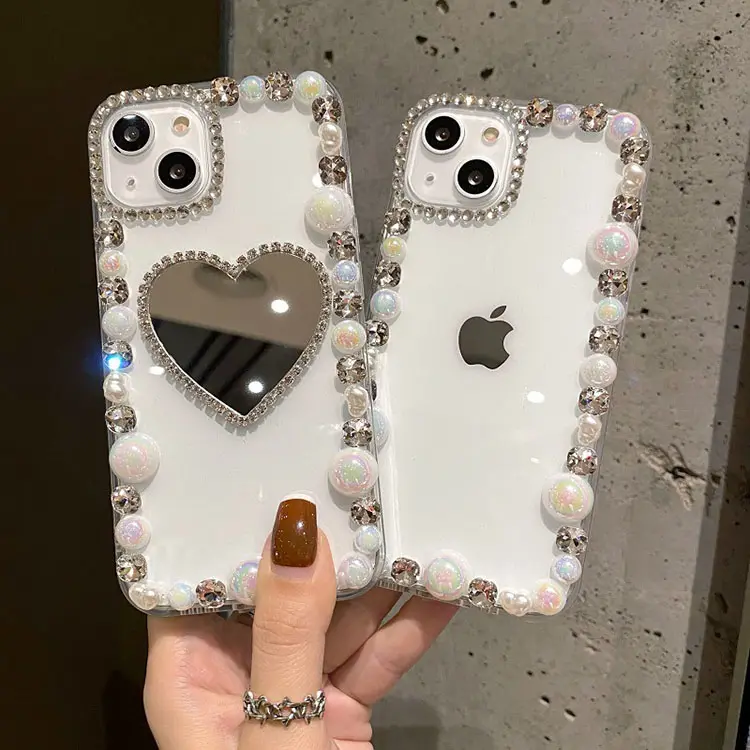 Красивый зеркальный прозрачный чехол в форме сердца со стразами для iPhone 15 Plus чехол для телефона с бриллиантами для iPhone 15 Plus задняя крышка