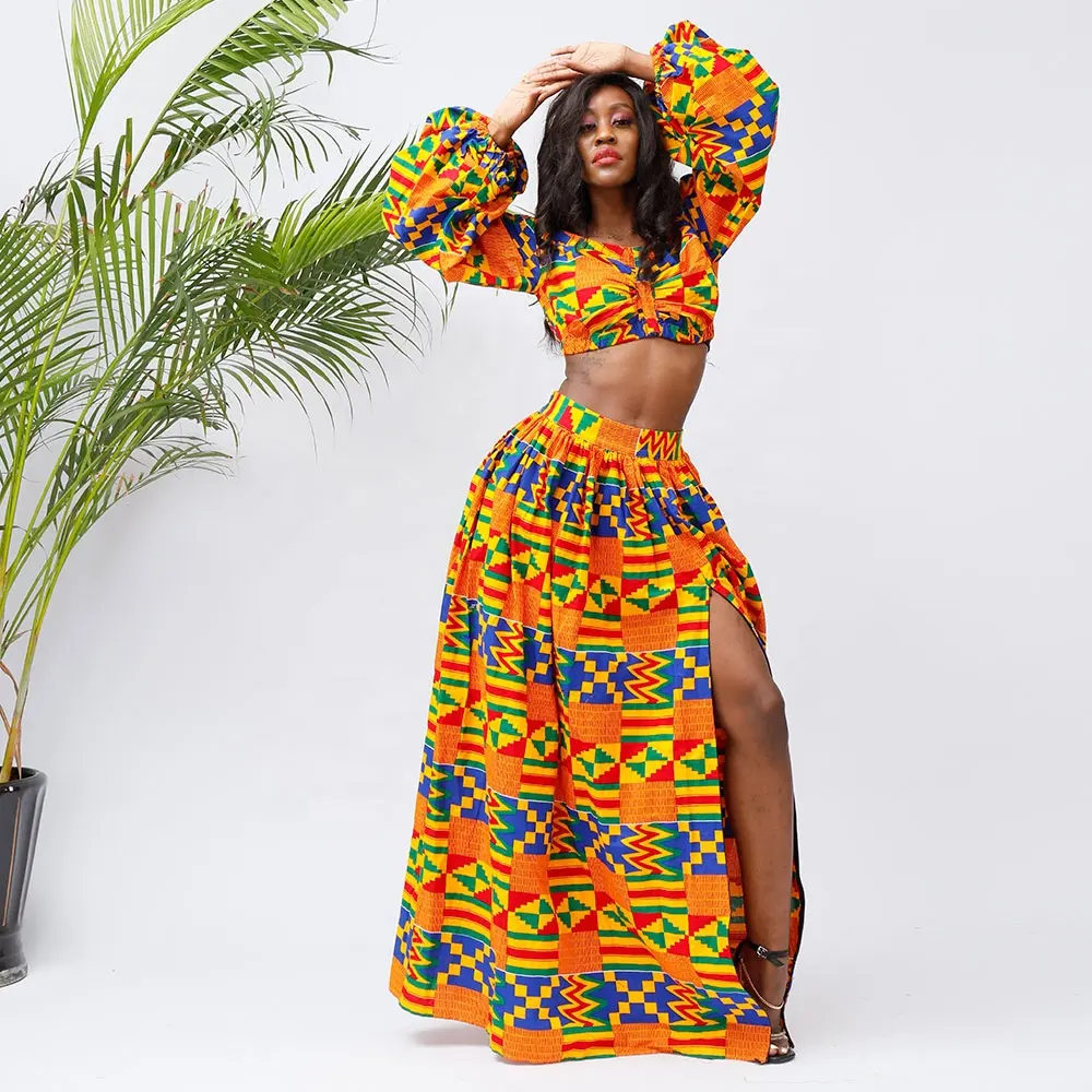 Venta al por mayor Africana Ankara cera estampado Mujer ropa 2 piezas falda conjunto África ropa tradicional africana ropa para mujeres