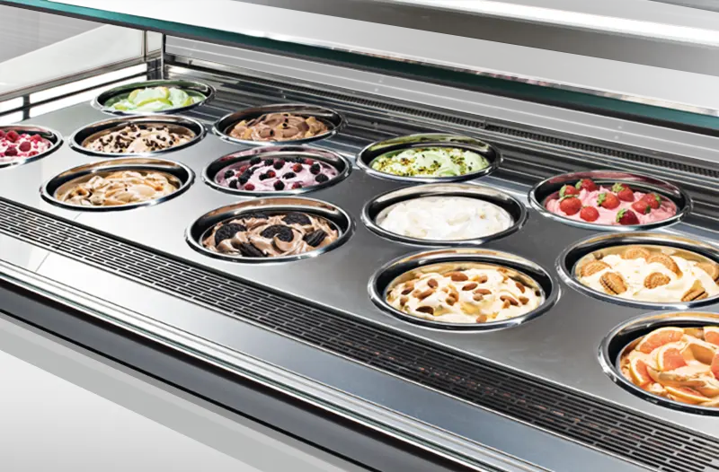 Kommerzielle aufrechte Eiscreme Gefrier schrank Glycol Inox Gelato Pozzetti Display Showcase