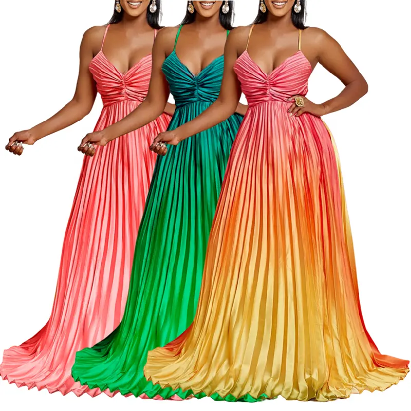 नवीनतम डिजाइन ग्रीष्मकालीन पोशाक 2024 ग्रेडिएंट वी-गर्दन स्पैगेटी स्ट्रैप ने लंबे कपड़े महिलाओं को सेक्सी-लाइन प्रोम शाम कपड़े
