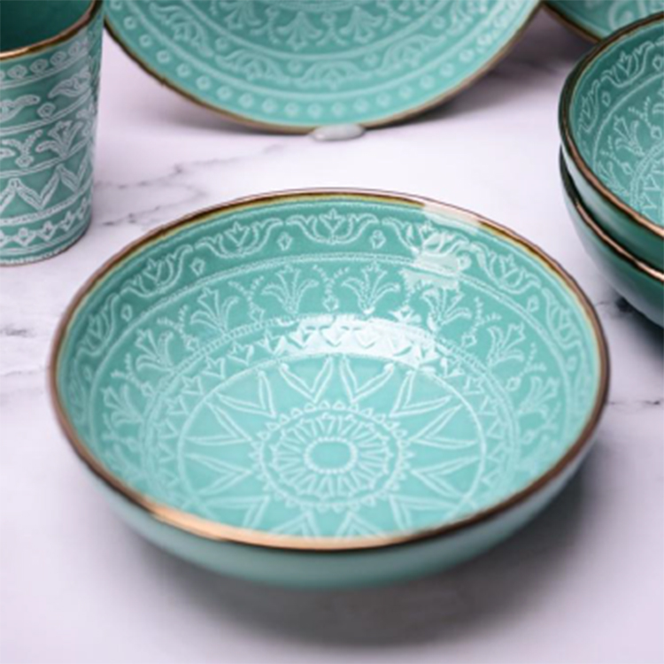 Hot sale Blue Green Brown PAD Printing Stoneware 18PCS Dinnerware Set luxury ceramic dinner set dinnerware for home