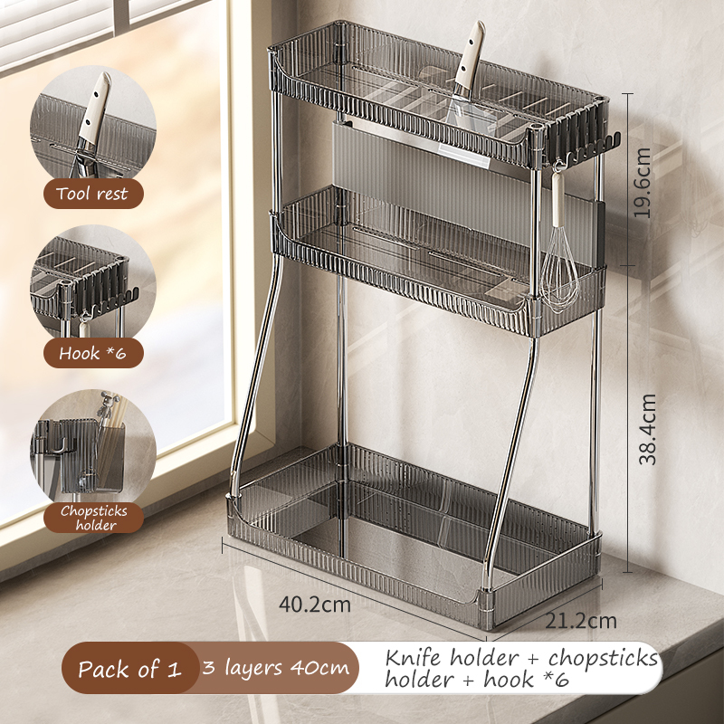 Grigio 3 strati 40 cm+portacoltelli+6 ganci+portabacchette