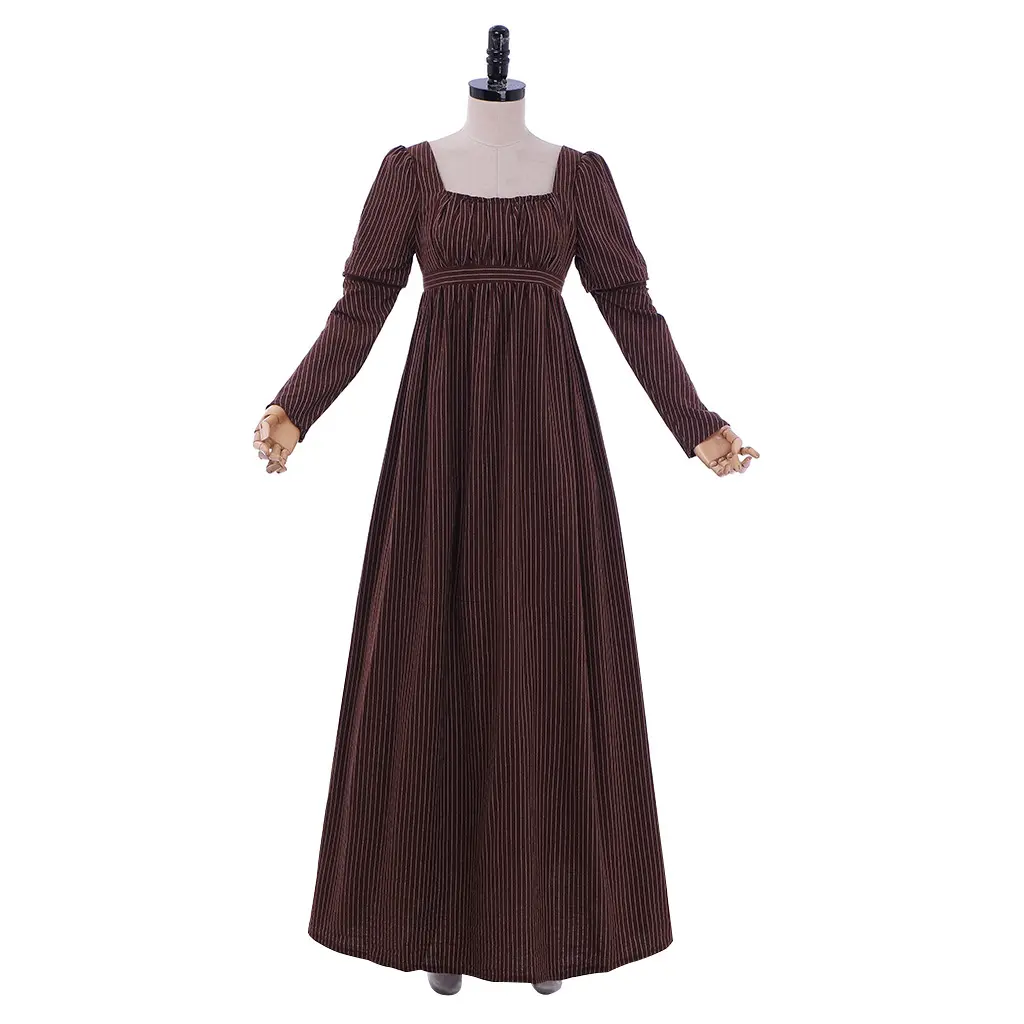 Medieval brown striped regent dress retro ball dress Victorian era high waisted tea dress