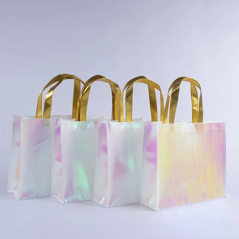 Custom Printed Metallic Shopping Tote Pink Rainbow Iridescent Holographic Non Woven Wedding Gift Bags With Logo For Guest Favor