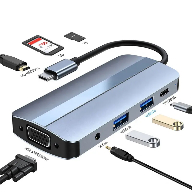 Xput 8 In 1 USB C a 4K HDMI VGA USB 3.0 3.5MM Audio Jack Hub USB C HD HDTV VGA PD Audio TF lettore di schede USB3.0 Hub