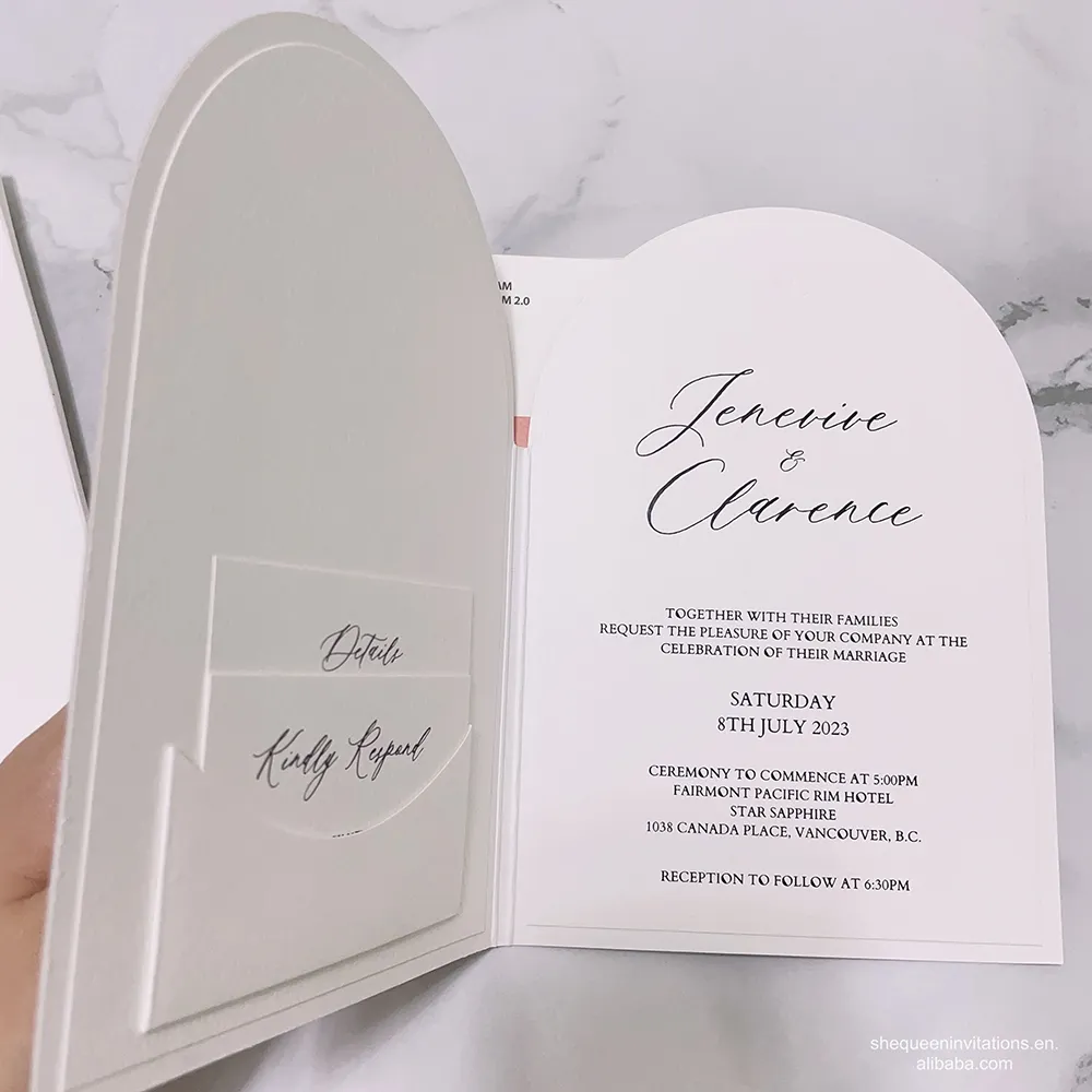 Creative Die Cut Arch Shape Hardcover Invitation Set Velvet Book Wedding Card Invite with Custom Embossed Initial Printing