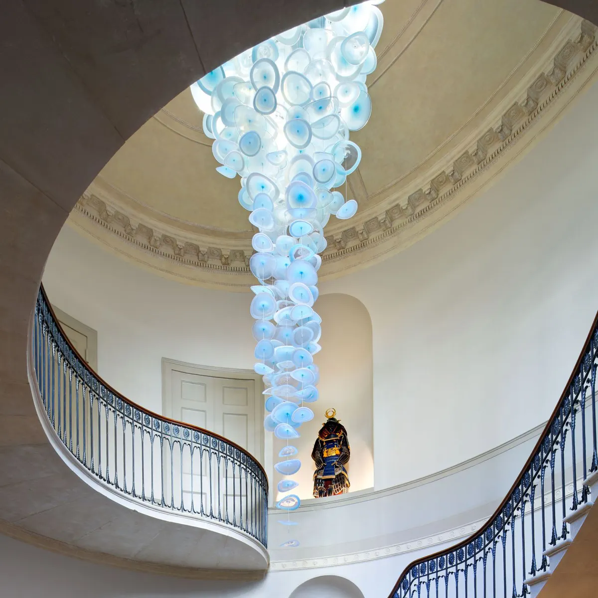 Tùy chỉnh khách sạn hiện đại biệt thự cầu thang màu xanh kính đèn chùm lớn sang trọng trang trí đám cưới đèn chùm