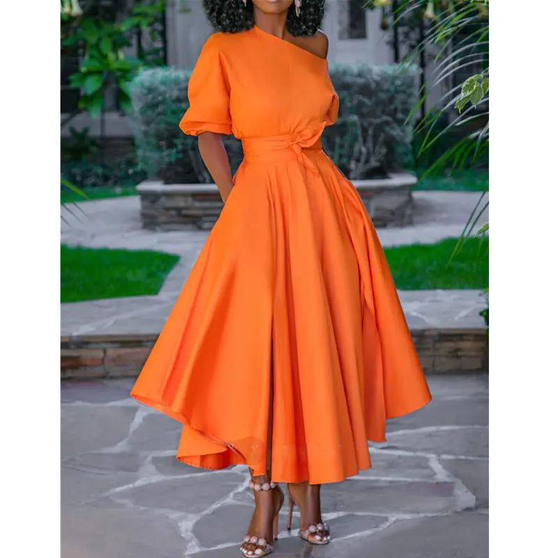 Vestido plissado laranja no ombro natural da cintura, longo a linha, vestido casual para moças