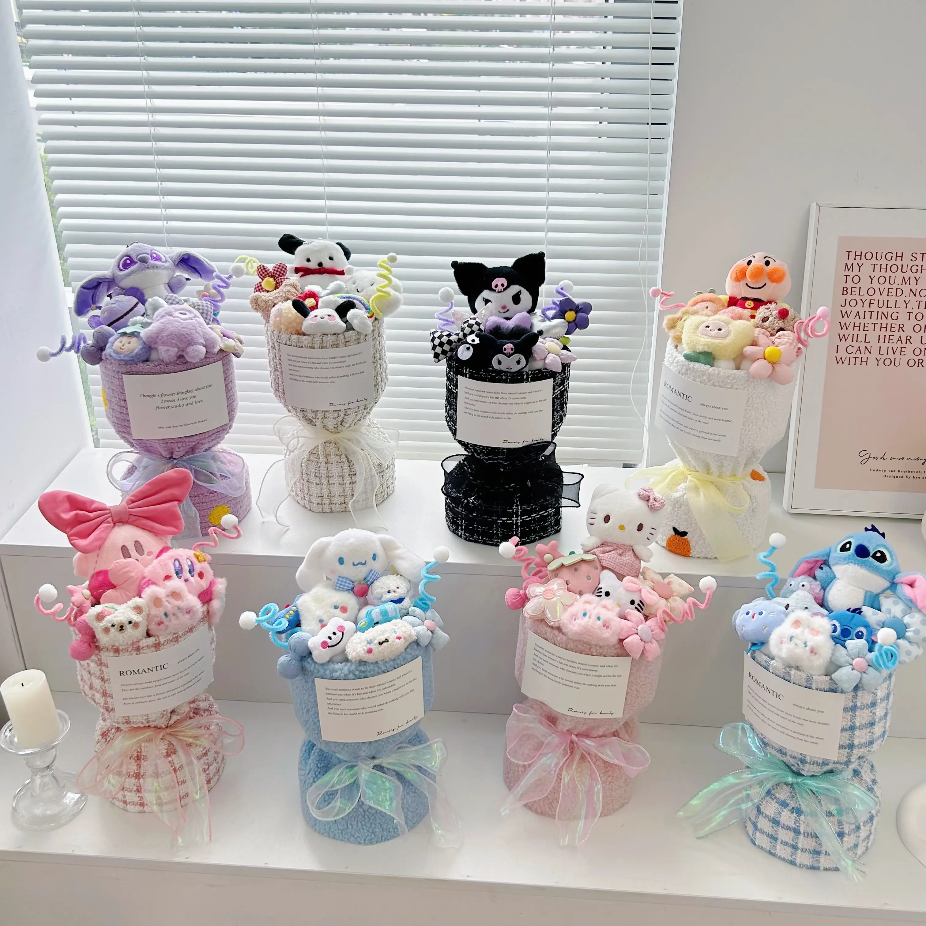 HL New Sanrie Cinnamoroll Bonecas de pelúcia Anime desenho animado Buquê de formatura Kawai Sanrie Kuromi Flor de pelúcia presentes para o Dia dos Namorados