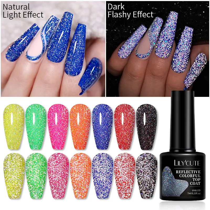 LILYCUTE Holo Reflective Iridescent Gel Top Coat Semi Permanent Soak Off UV Sparkling Flash Glitter Top Coat Gel Nail Polishes