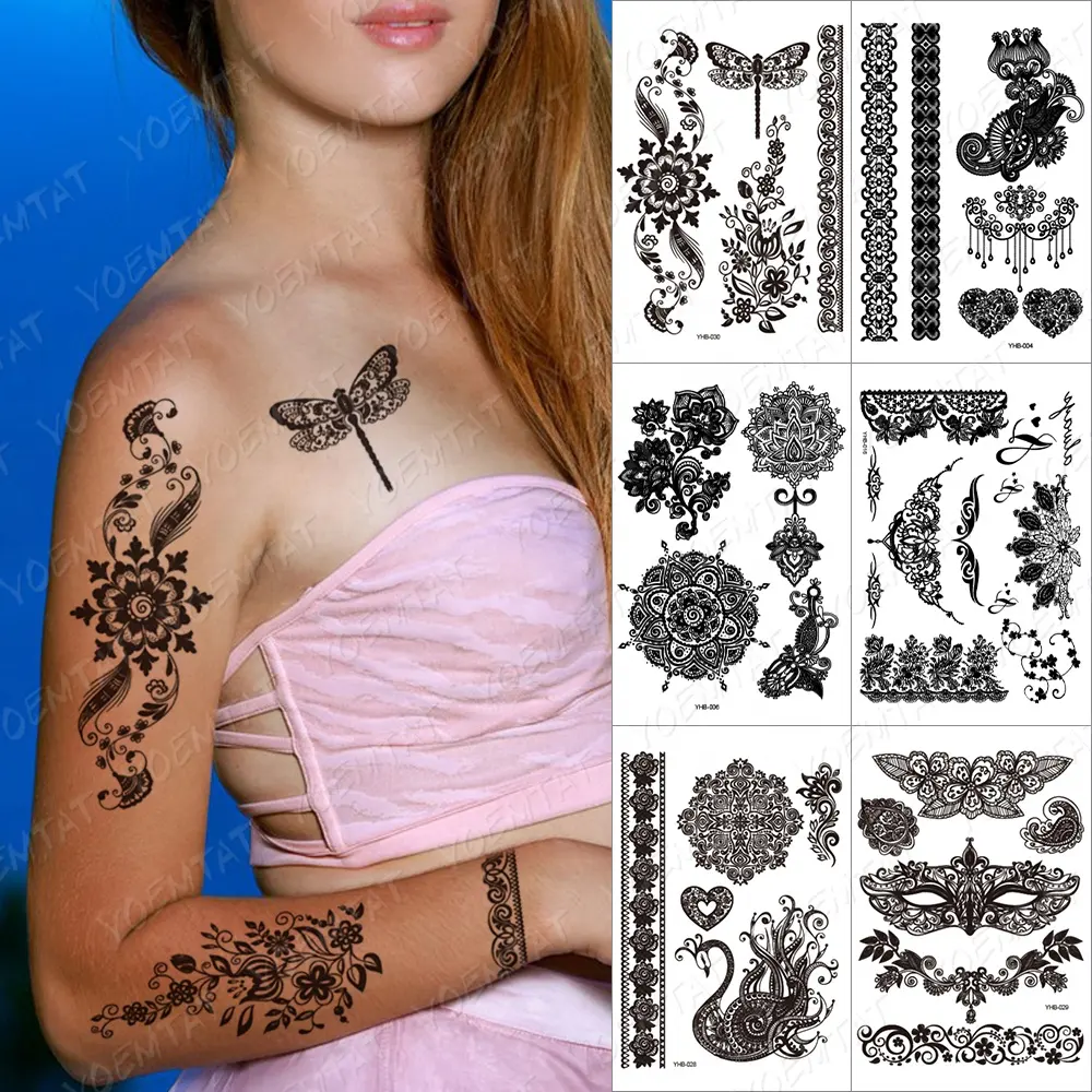 Dragonfly Flower Lace hennè Tattoo Sticker Black Water Transfer tatuaggi temporanei impermeabili