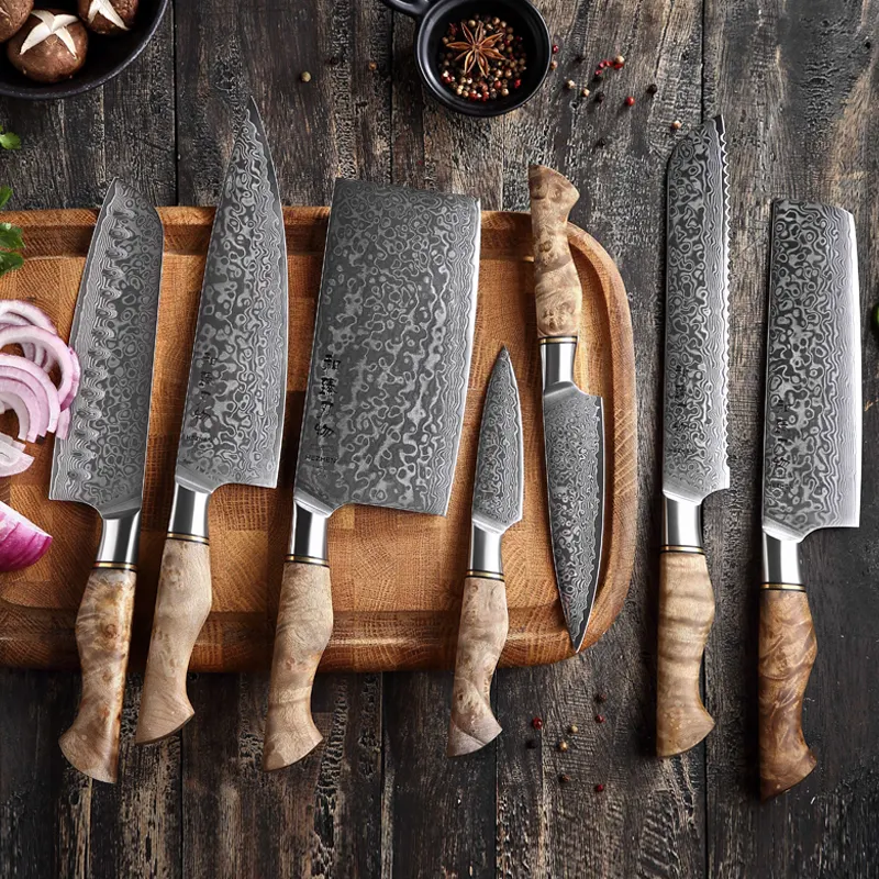 HEZHEN Hot Sale Luxury Damascus Steel Knives 7 pcs kitchen Knife Set with Figured Sycamore Wood Handle