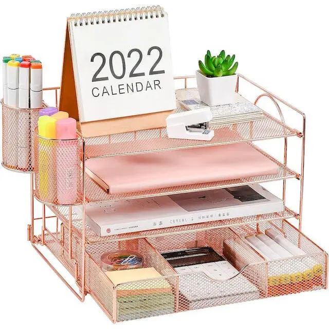 Buon prezzo organizzatore di File Desktop Home Office con portapenne e cassetto in rete da scrivania Organizer oro rosa