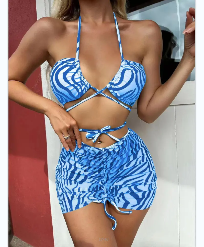 2023 Ribbed Swimwear V Waist Three Piece Bikini Set Color block Sexy Bathing Suits for Women