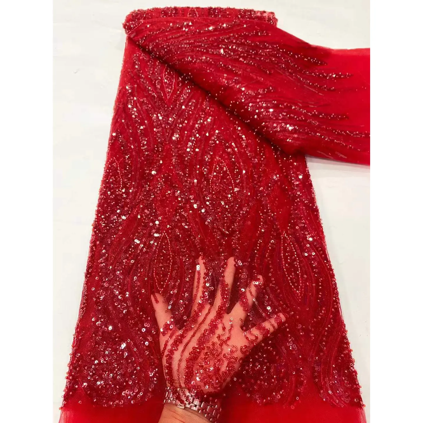 Luxo Vermelho Africano Lantejoulas Tecido De Renda De Alta Qualidade Bordado Tule Francês Frisado Laces Tecidos Para Casamento