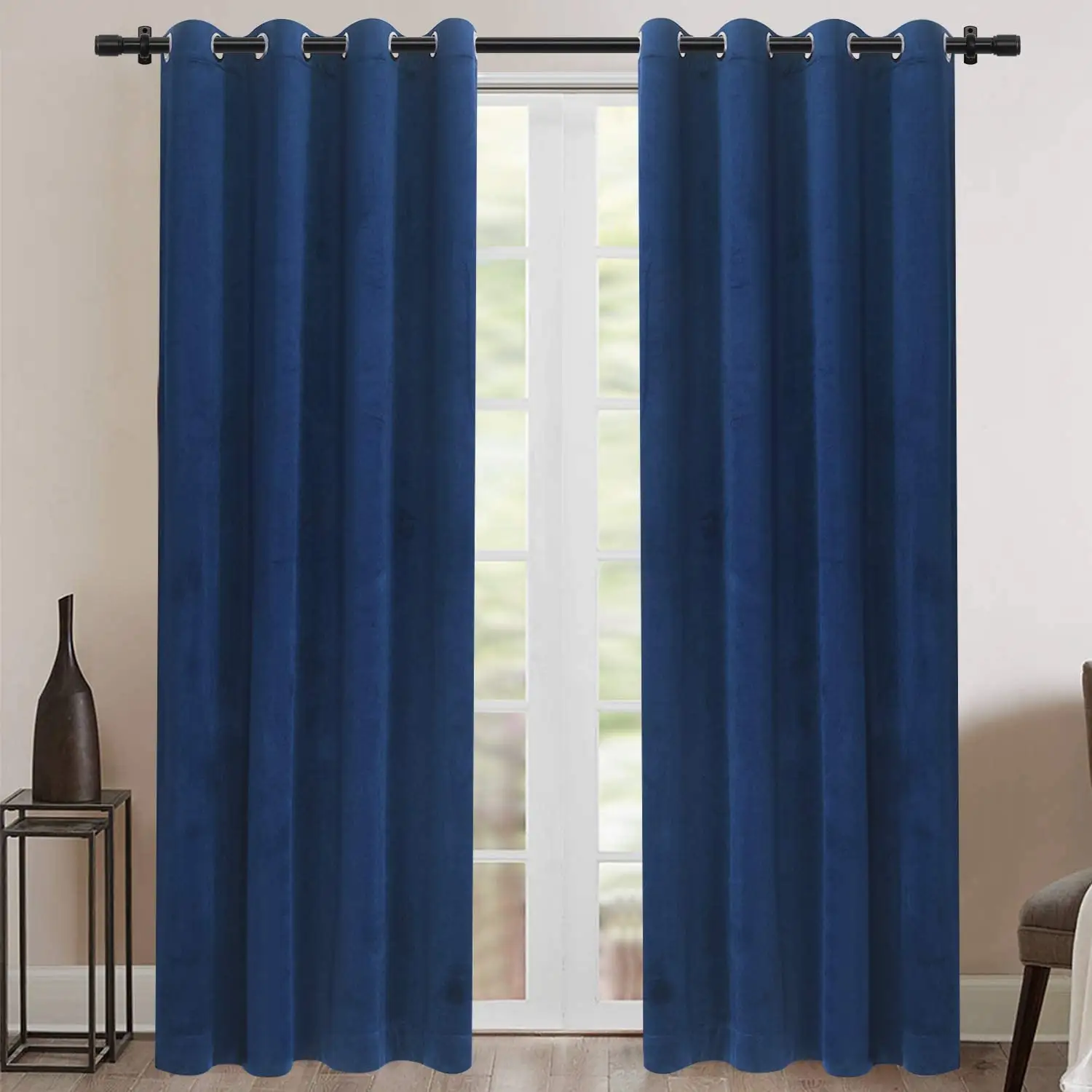 Cortinas de terciopelo azul marino para sala de estar, aislamiento térmico suave de lujo, ojales