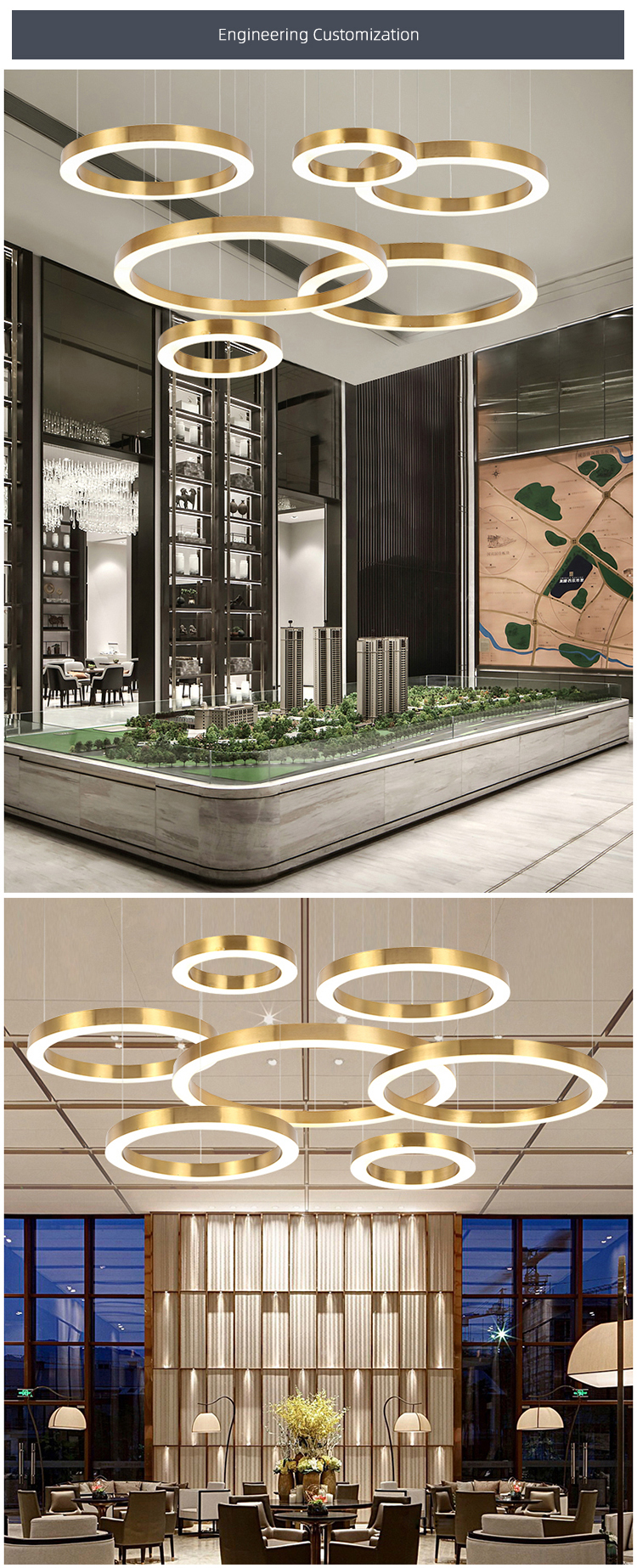 BLUEKING custom Luxury royal modern decorative villa stainless steel round led ring chandelier gold staircase hanging light