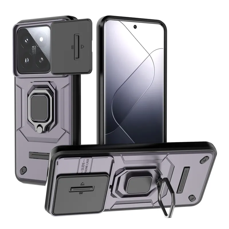 スライドカメラカバー360回転リングスタンド耐衝撃性ヘビーデューティー保護携帯電話ケースXiaomiMi 14 Pro 13T用