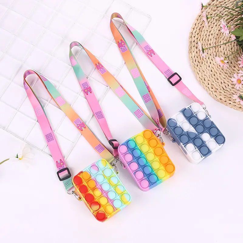 New Rainbow Silicone Mini Popping It Bag Kids Fidget Toys Pack Bubble Popping It Crossbody Bag