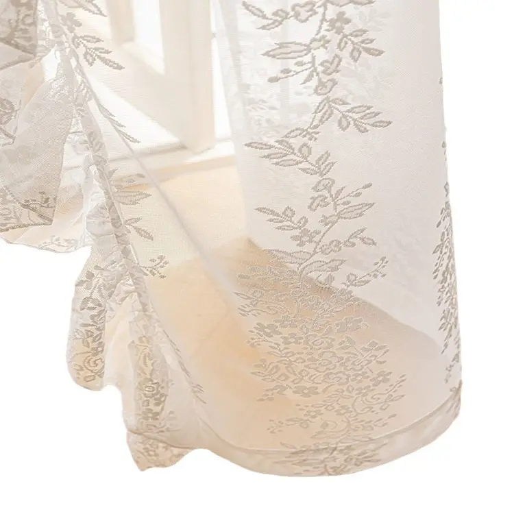Cortinas para quarto de decoração de casamento em tecido floral europeu jacquard renda branca pura elegante para casa