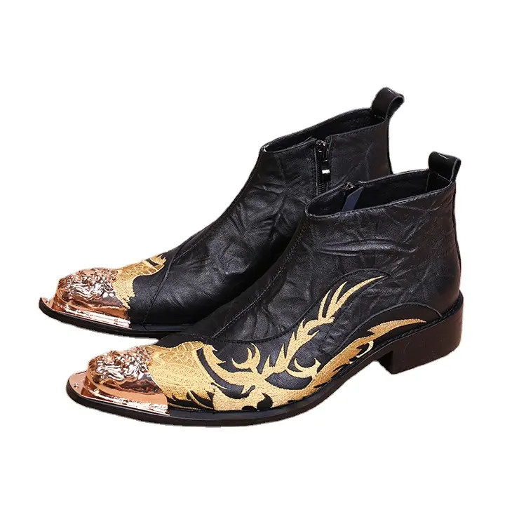 Botas de lujo con bordado de dragón negro para hombre, botas de vaquero de tacón grueso, zapatos de boda para vestido de motocicleta, diseño italiano, NA057